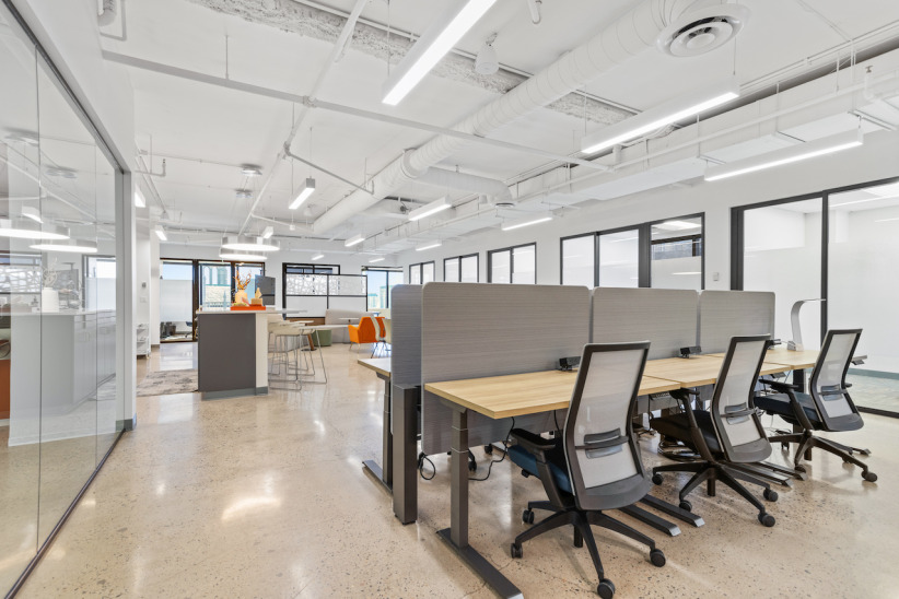 Large open coworking area with privacy dividers, adjustable standing desks, natural light, access to the kitchen and lounge area